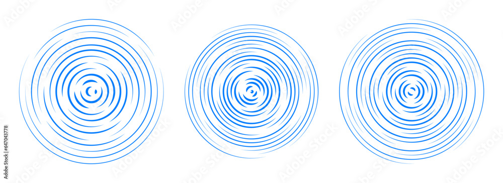 Poster blue concentric circle segments set. rippled round patten background. water or sound wave rings coll