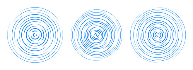 Blue concentric circle segments set. Rippled round patten background. Water or sound wave rings collection. Epicenter, target, radar icon concept. Radial signal or vibration elements. Vector