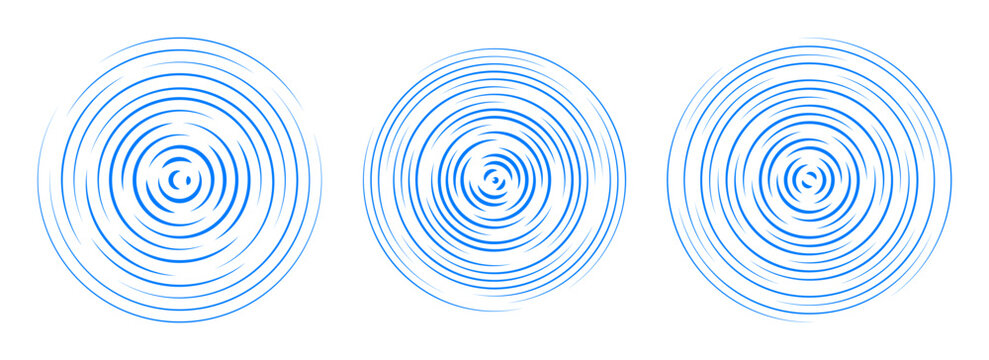 Blue concentric circle segments set. Rippled round patten background. Water or sound wave rings collection. Epicenter, target, radar icon concept. Radial signal or vibration elements. Vector