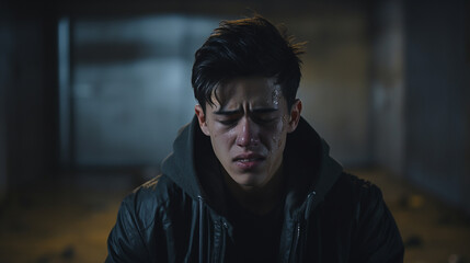 a brunette guy in a dark room closed his eyes and furrowed his eyebrows in pain or pity, the man is crying