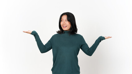 Showing Two Product on Open Palm Of Beautiful Asian Woman Isolated On White Background