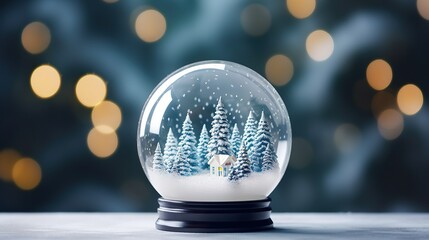Snowy decorative crystal glass balls with Christmas trees, Merry Christmas and Happy new year festive background, generative ai