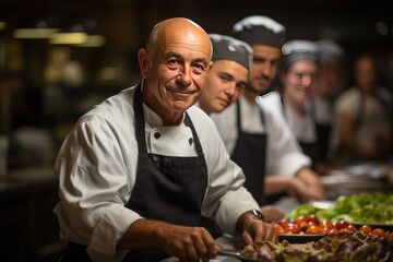 Master chef instructing a group of aspiring chefs in a culinary class, Generative AI