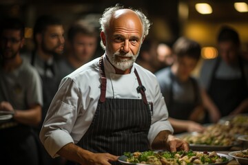 Master chef instructing a group of aspiring chefs in a culinary class, Generative AI