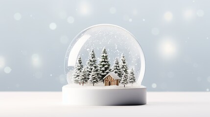 Fototapeta na wymiar Snowy decorative crystal glass balls with Christmas trees, Merry Christmas and Happy new year festive background, generative ai