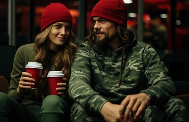Smiling couple sitting in the forest and holding cups of coffee. created by generative AI technology.
