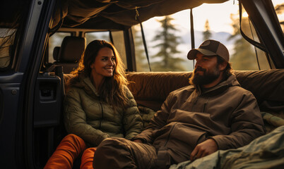 Young smiling couple camping in camper van. created by generative AI technology.
