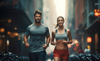 Young couple jogging in the city. Healthy lifestyle and fitness concept. created by generative AI technology.