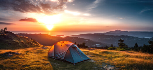 Camping tent on the top of the mountain in the rays of the rising sun. created by generative AI technology.