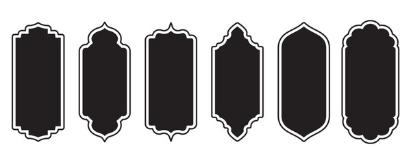 Windows ramadan frames. Arabic door arches. Indian icons with ornaments. Oriental pattern design. Muslim traditional template label symbols. Vector eastern badges set.