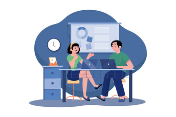 Young man and woman working together in the office.