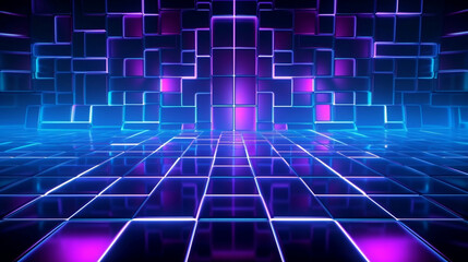 Neon glow blue purple and pink perspective grid room, cyber pace, digital and techonology concept, retro future abstract background.