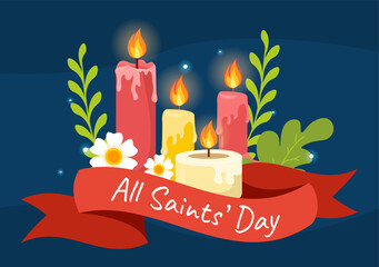 All Saints Day Vector Illustration on 1st November with for the All Souls Remembrance Celebration with Candles in Flat Cartoon Background Design