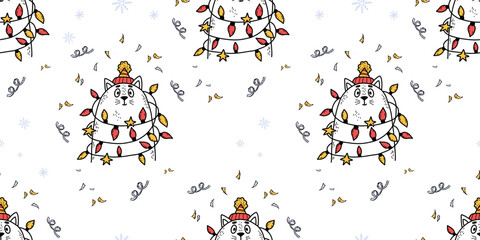 Seamless pattern with cute cat with Christmas garland on white background with serpentine. Vector horizontal illustration for new year design, wallpaper, packaging.