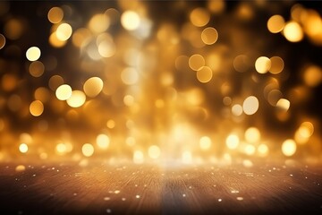 A luxurious atmosphere with an abstract gold background adorned by the mesmerizing sparkle of bokeh lights creates a magical moment on the ground stage. Made with generative AI technology