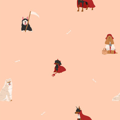 Halloween seamless pattern with dogs in cute halloween costumes. Devil, ghost, vampire and grim reaper. Trick or treat. Happy Halloween vector illustration. Ideal for holiday cards, decorations and