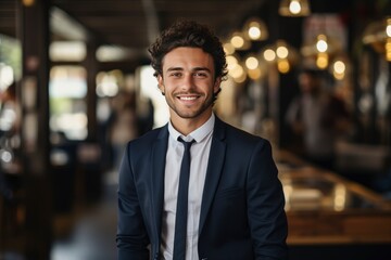 Portrait of a young smiling businessman in the office background