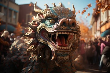 Obraz premium Traditional Dragon Dance Weaving Through The Crowd, Generative AI