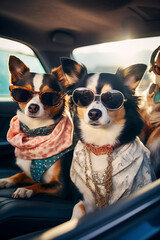 Three dogs sitting in the car wearing sunglasses. Chihuahua is like glamorous chick