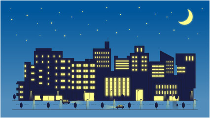 夜の都市の風景　シンプルな街並みのイラスト © March