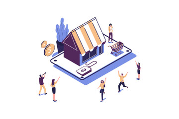 flat style, various shops, discounts, purchase of goods and gifts, investing in real estate, shopping concept - Vector