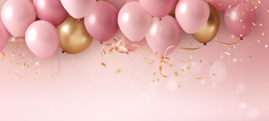 Celebration background with pink confetti and golden balloons. Banner