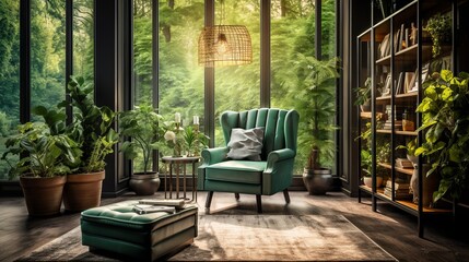 Fototapeta na wymiar Morning light streams through the glass of the green wingback chair near the window. Classic home interior design of living room