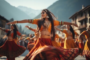 Indian women dancing on the streets in traditional dresses - obrazy, fototapety, plakaty
