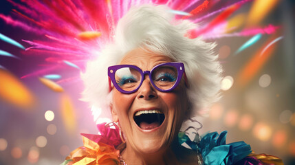 An elderly woman donning festive accessories,  radiating excitement for the celebration - obrazy, fototapety, plakaty
