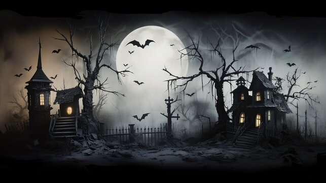 a spooky haunted house scene with full moon halloween