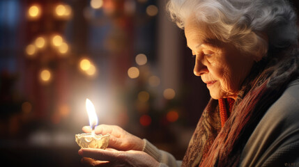 An elderly woman lighting a candle for each goal and aspiration of the coming year