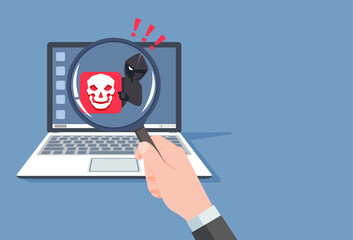 Hacker attacks a Laptop with an application malware or virus by fake link or email. fraud scam and steal private data on devices. vector illustration flat design for cyber security awareness concept.