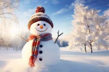 Obraz premium Panoramic view of happy snowman in winter scenery. Close-up