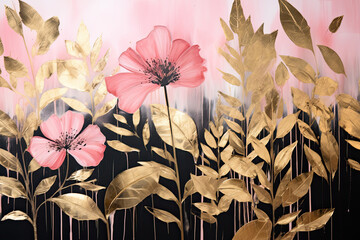 Silhouettes of beautiful plants on canvas. Gold colour, flowers background