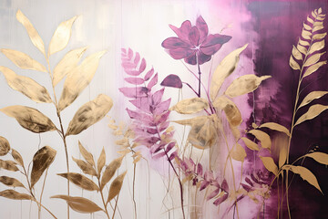 Silhouettes of beautiful plants on canvas. Gold colour, flowers background