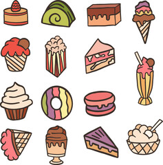 Sweets and dessert food Outline drawing illustration 