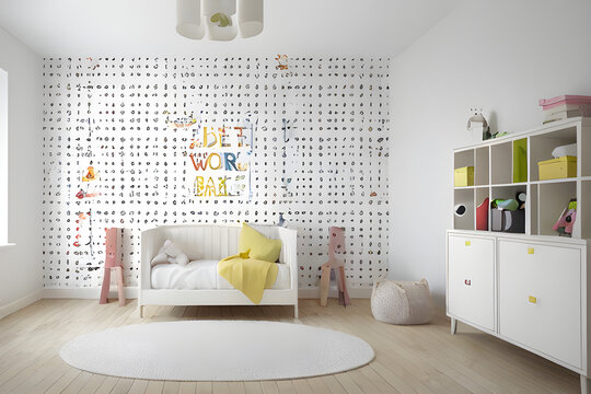 Wall mock up in children's room on white wall background. 3d rendering