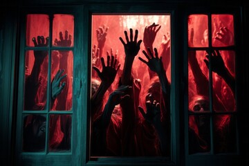 Spooky many zombie hands outside the window, red glowing light. Halloween or horror movie concept.