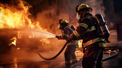 Naklejka premium Firefighter men working in dangerous situation, Intense and bravery of firefighter on duty.