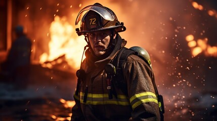 Naklejka premium Firefighter men working in dangerous situation, Intense and bravery of firefighter on duty.