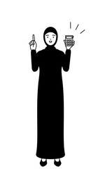 Muslim Woman holding a calculator and pointing.