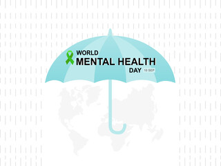 An umbrella with rain and mental health ribbon, world mental health day banner. flat vector illustration.	