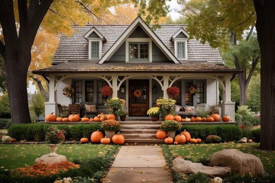 Cute and cozy cottage house with fall decorations pumpkins for Halloween
