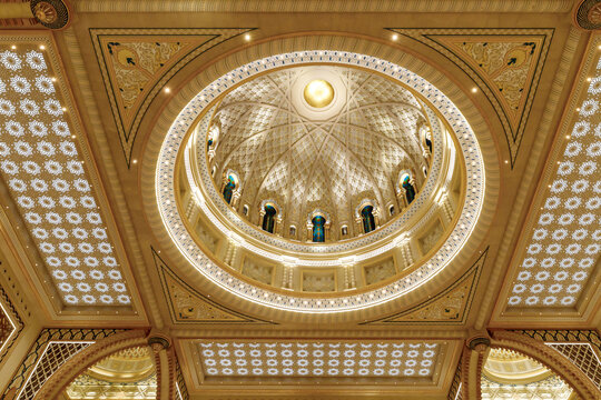 The splendor of the ornate ceiling of the presidential palace - Qasr Al Watan in Abu Dhabi city, United Arab Emirates