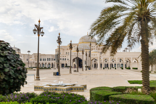 View from the window of a tourist bus on the presidential palace - Qasr Al Watan in Abu Dhabi city, United Arab Emirates