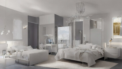Fototapeta na wymiar 灰色のベッドルームと白いモダンなランプの対話