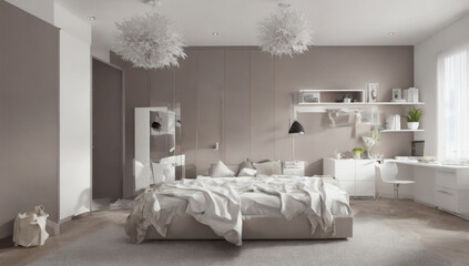 白いモダンなベッドルームと灰色の静寂