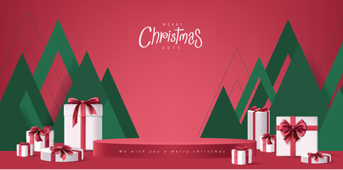 Happy Merry Christmas banner with product display red cylindrical shape and gift box red bow decoration abstract green and red background