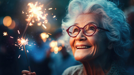 An elderly woman lighting a sparkler,  its glow reflecting the excitement in her eyes