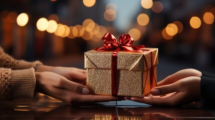 Hands holding gold gift box for Christmas. Celebrate magical atmosphere